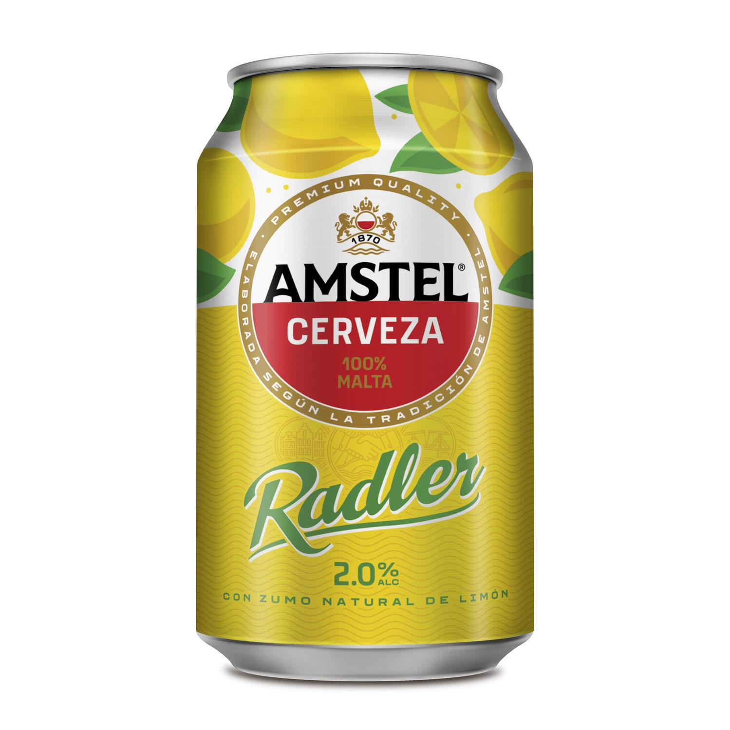 Cerveza Amstel radler con zumo natural de limón pack 12 latas 33 cl.