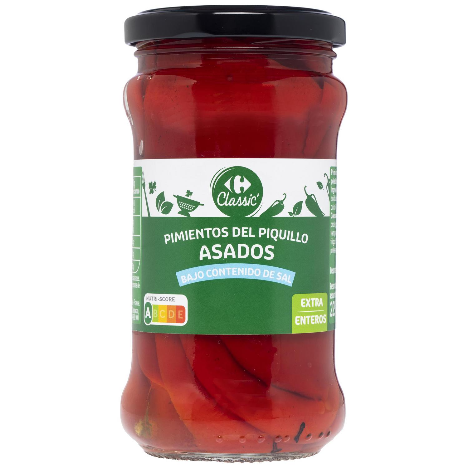 Pimientos del piquillo enteros bajo contenido en sal Classic Carrefour 225 g.