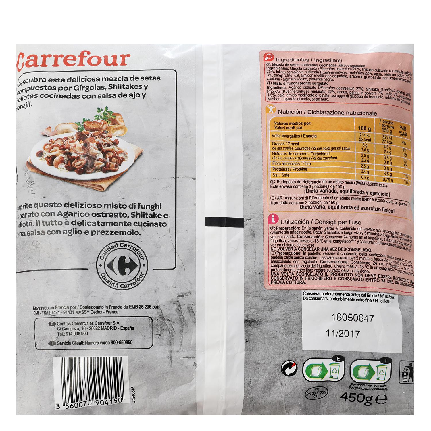 Mezcla de setas cocinadas con ajo y perejil Carrefour 450 g.
