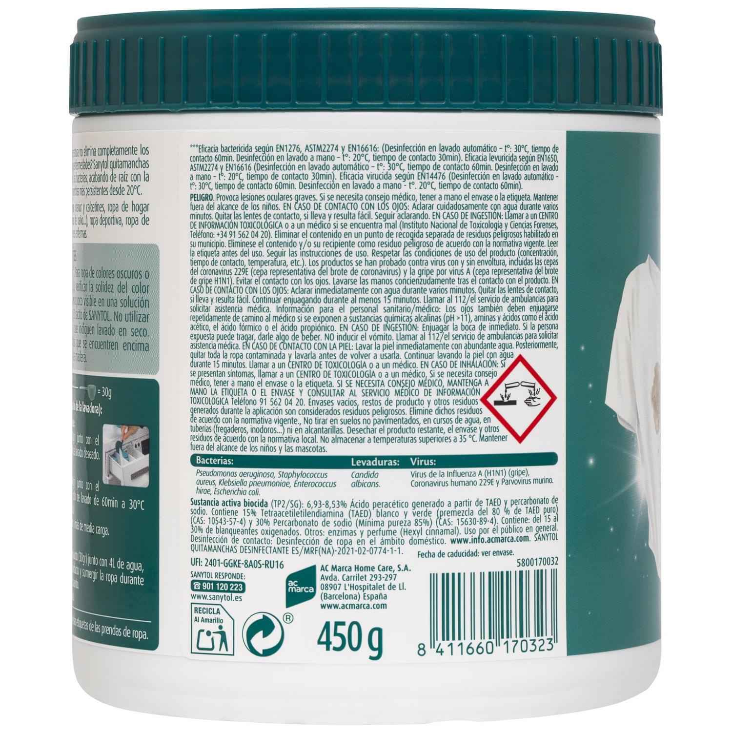 Quitamanchas desinfectante en polvo Sanytol 450 g.