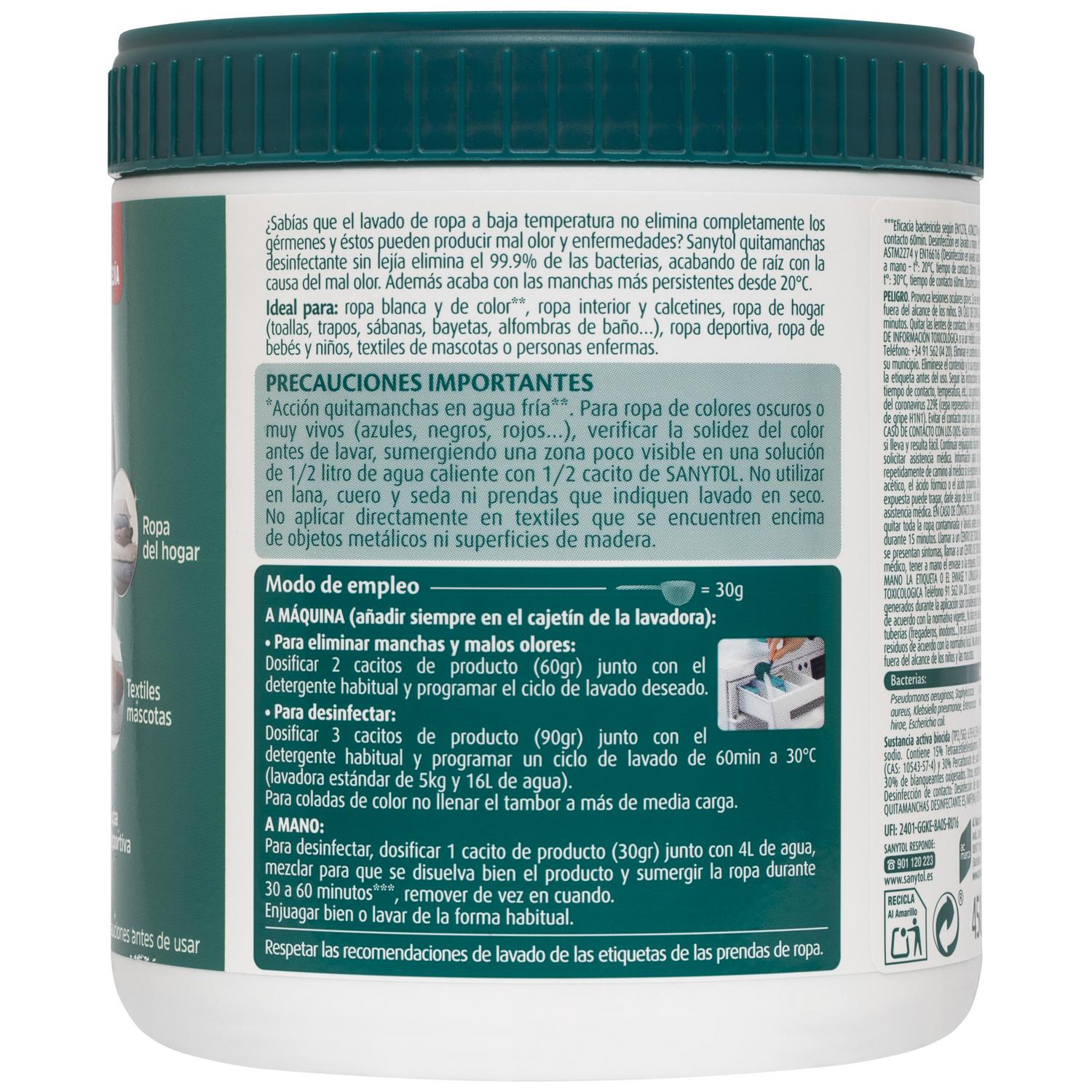 Quitamanchas desinfectante en polvo Sanytol 450 g.