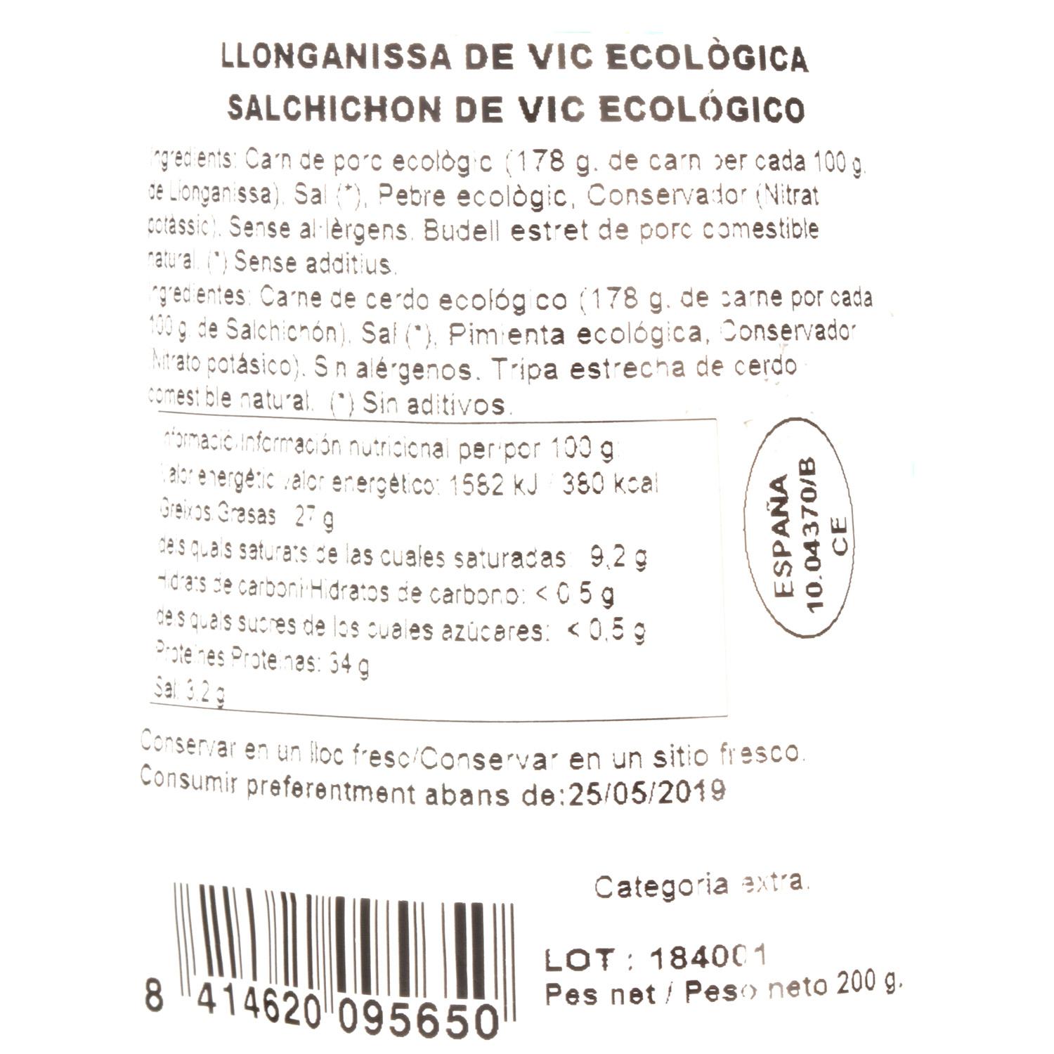 Salchichón de VIC ecológico I.G.P. pieza Embutidos Salgot 200 g
