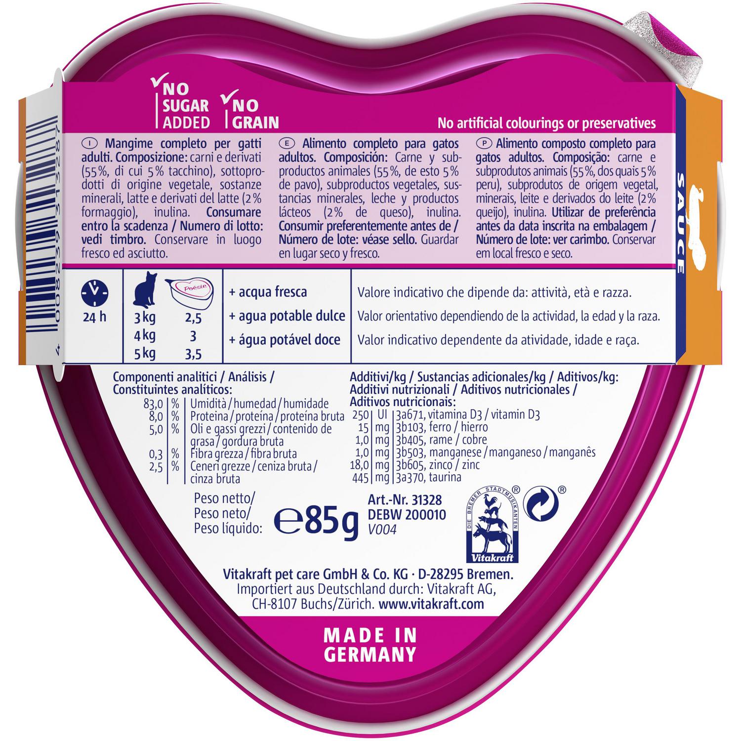 Comida húmeda de pavo en salsa de queso para gato  Poésie Vitakraft 85 g.