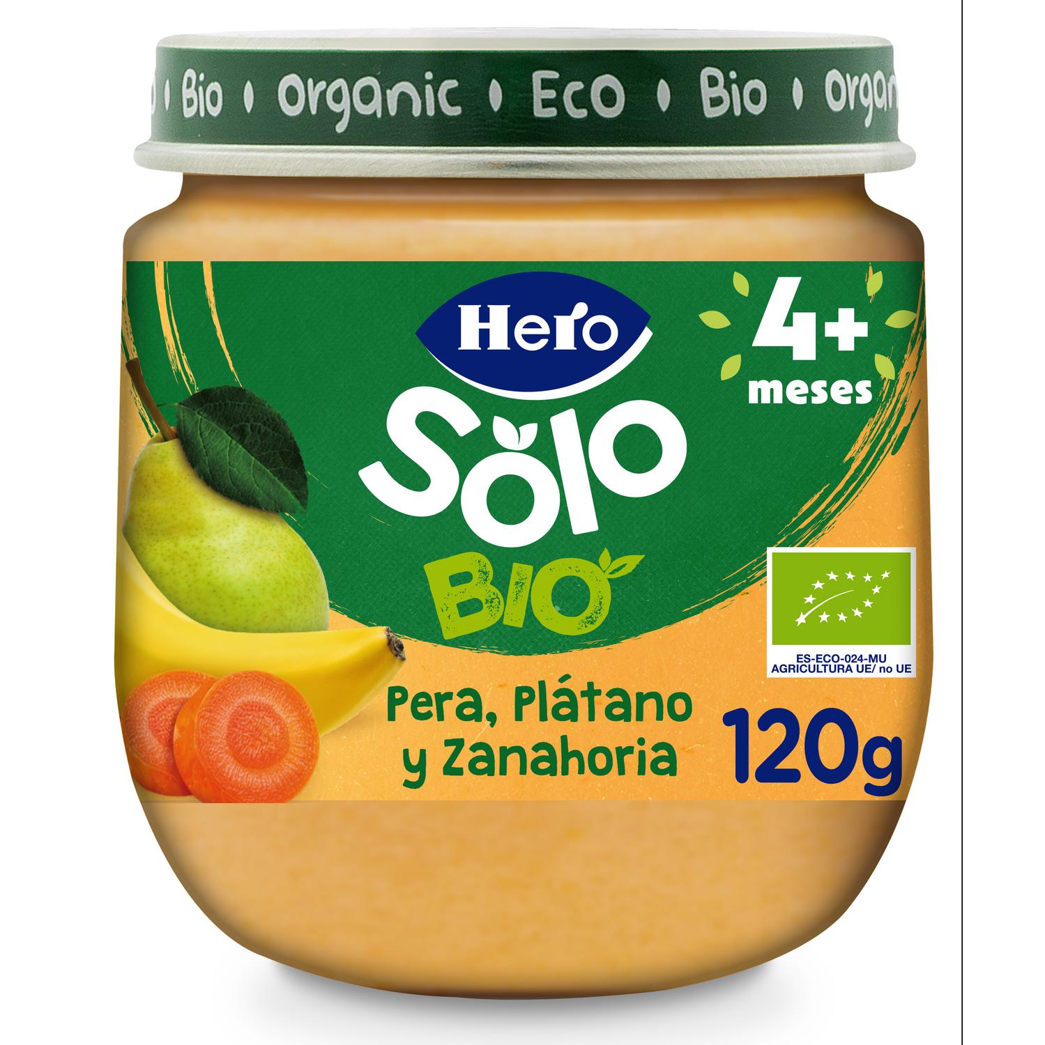 Tarrito de pera, plátano y zanahoria desde 4 meses ecológico Hero Solo sin gluten 120 g.