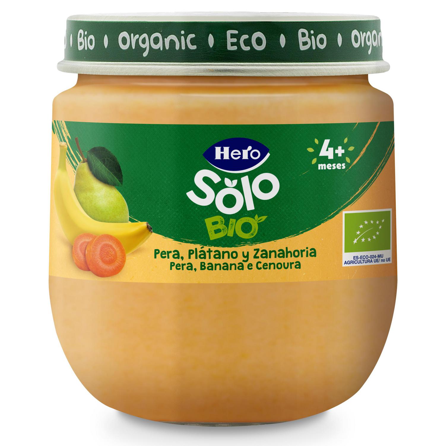 Tarrito de pera, plátano y zanahoria desde 4 meses ecológico Hero Solo sin gluten 120 g.