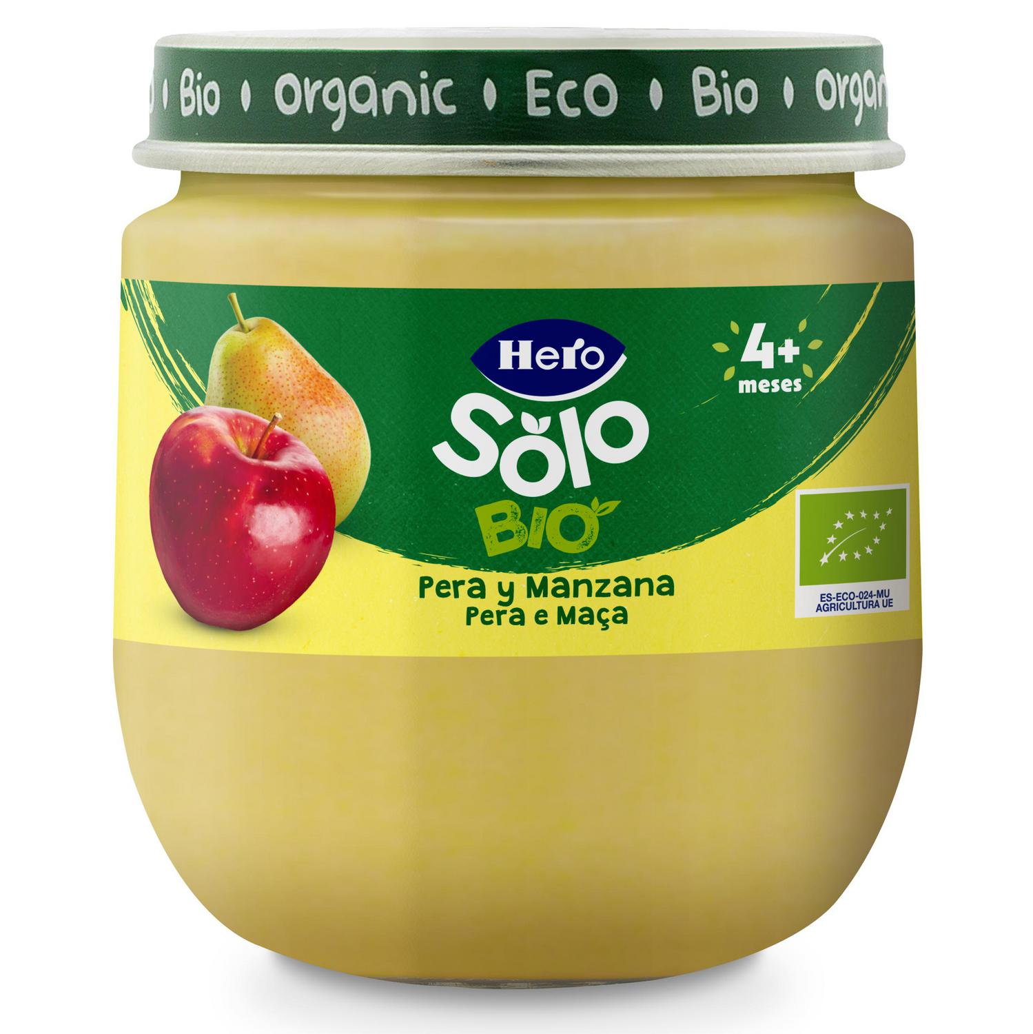 Tarrito de pera y manzana desde 4 meses ecológico Hero Solo sin gluten 120 g.