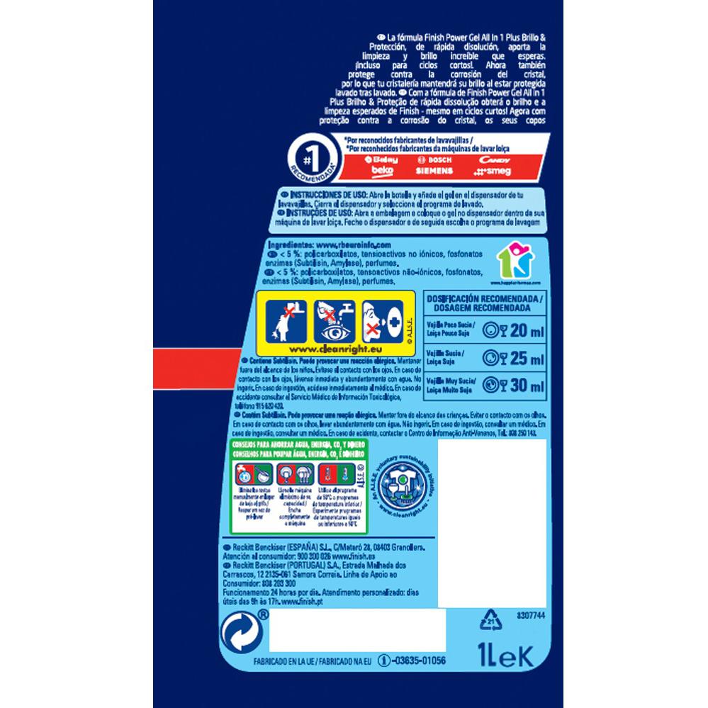 Gel para lavavajillas brillo y protección Finish 50 lavados.