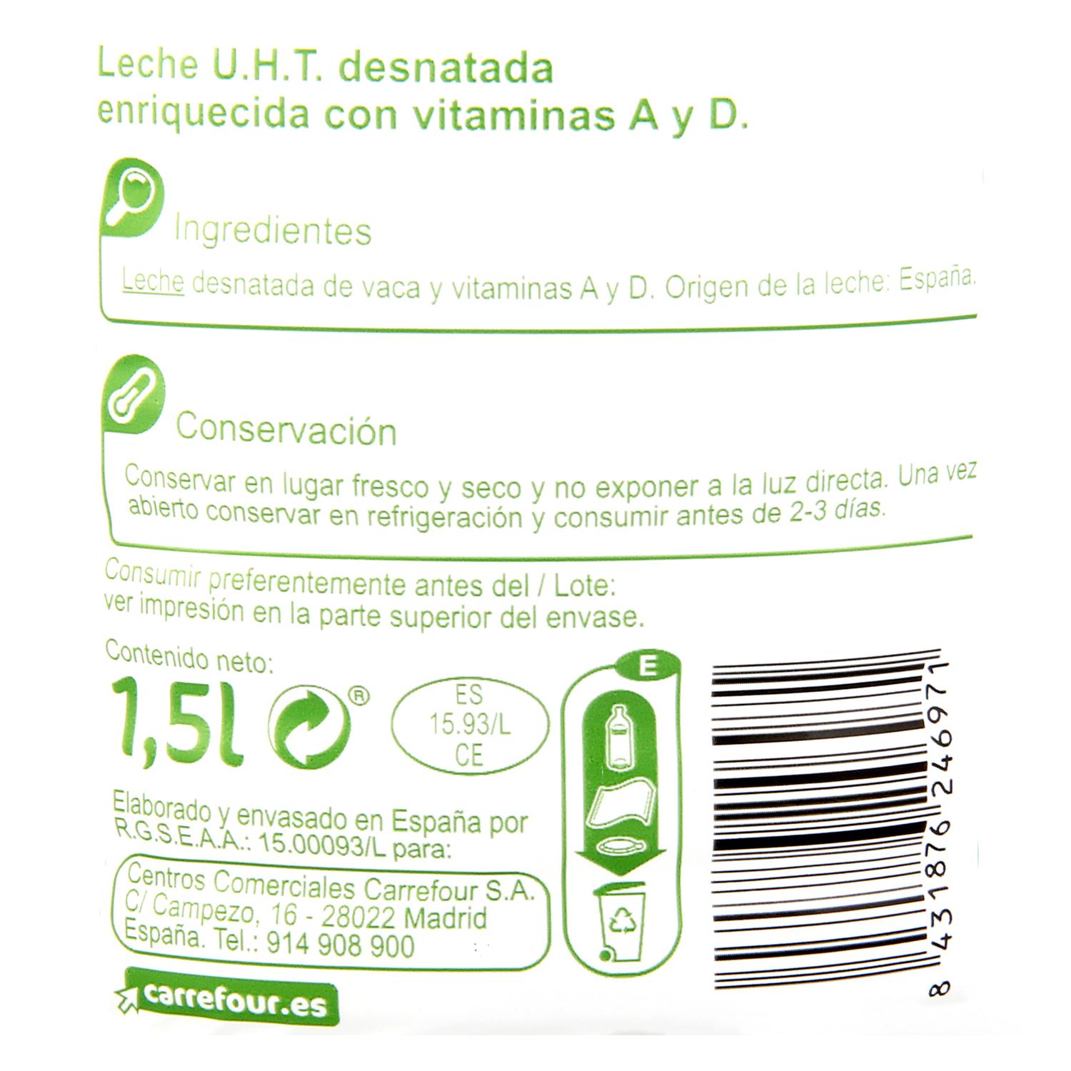 Leche desnatada Carrefour botella 1,5 l.