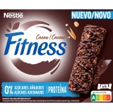 Barritas de cereal integral con cacao Fitness Proteína Nestlé sin azúcar añadido pack de 4 unidades de 20 g.