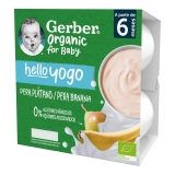 Postre lácteo pera plátano desde 6 meses ecológico Gerber Hello Yogo pack de 4 unidades de 90 g.