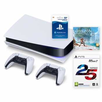 Playstation 5 Estándar 825GB con Horizon II Forbidden West (Digital) + 2º DualSense + Gran Turismo 7 25 Aniversario + PSN 50€