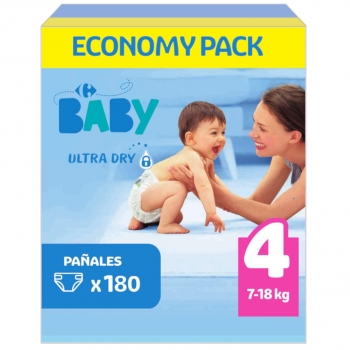 Pañales Carrefour Baby Ultra Dry Talla 4 (7-18 kg) 180 uds