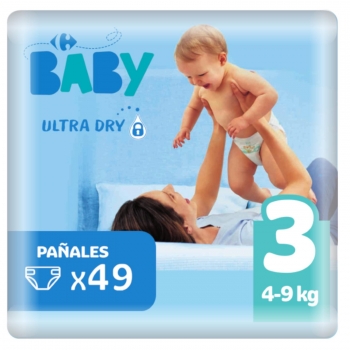 Pañales ultra dry Carrefour Baby Talla 3 (4-9 kg) 49 ud.