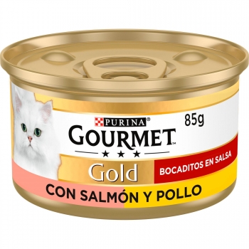 Comida húmeda de salmón y pollo en salsa para gato adulto Purina Gourmet Gold 85 g