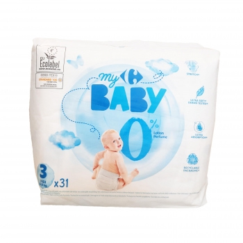 Pañales Carrefour Baby 0% Talla 3 (4-9 kg) 31 ud.