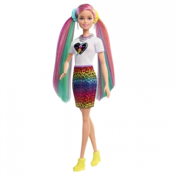 Barbie Muñeca con Pelo Arcoiris y Falda de Leopardo +3 años