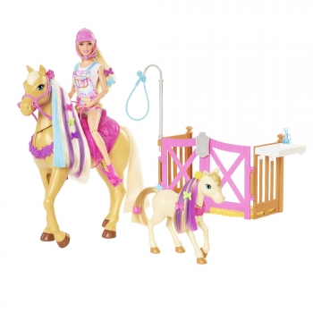 Barbie Establo Muñeca Rubia con Animales de Juguete y Accesorios +3 Años