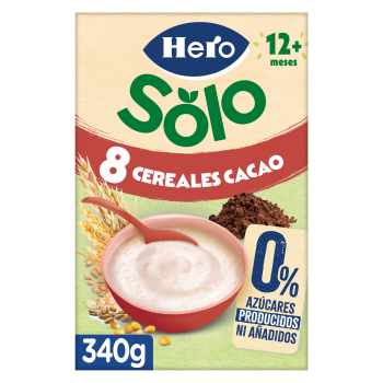 Papilla infantil Hero 8 cereales cacao desde 12 meses sin azúcar añadido 340 g.