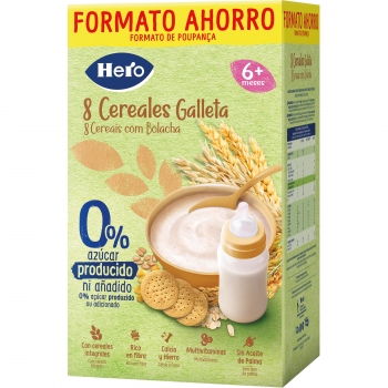 Papilla infantil desde 6 meses 8 Cereales con galleta sin azúcar añadido Hero Baby sin lactosa y sin aceite de palma 820 gr