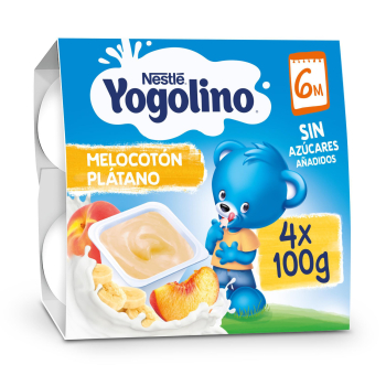 Postre lácteo melocotón y plátano desde 6 meses Nestlé Yogolino sin gluten y sin azúcar añadido pack de 4 unidades de 100 g.
