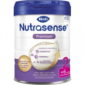 Leche infantil de continuación desde 6 meses en polvo Hero Baby Nutrasense Premium 2 sin aceite de palma lata 800 g.