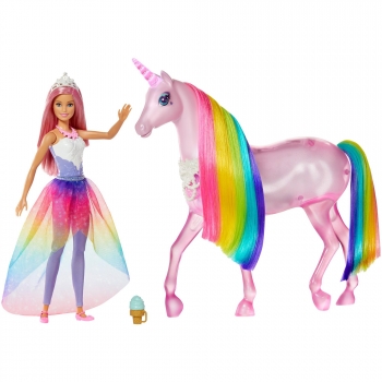 Barbie - Dreamptopia, Muñeca con Pelo Rosa y su Unicornio Luces Mágicas