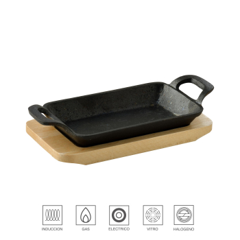 Pack Bandeja Rectangular de Hierro Fundido 17x10x2,5 cm MASTERPRO Cook & Share con Bandeja de Madera