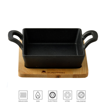 Pack Bandeja Cuadrada de Hierro Fundido 12,6x18,5x3,6 cm MASTERPRO Cook & Share con Bandeja de Madera