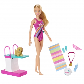 Barbie - Muñeca Nada y Bucea con Trampolín y Perrito de Juguete