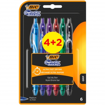 Bolígrafos de gel BIC Gel-ocity Quick Dry colores surtidos, Blíster de 4+2 uds