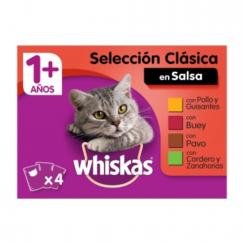 Comida húmeda selección carnes en salsa para gatos Whiskas pack de 4 unidades de 100 g.