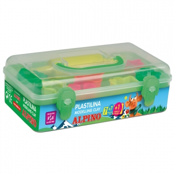 Kit de plastelina Alpino caja con 7 colores de 70g : Amarillo, Naranja, Rosa, Rojo, Verde, Azul, Lila. Contiene 7 herramientas y un rodillo