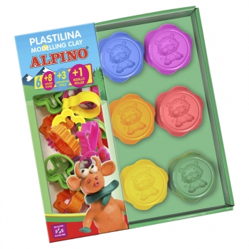 Kit de plastelina Alpino con 6 colores: Amarillo, Naranja, Rosa, Rojo, Verde, Azul. Contiene 8 moldes, 3 herramientas y un rodillo