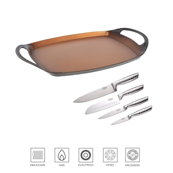 Pack Asador Ovalado 36 cm de Aluminio Forjado SAN IGNACIO con Set 4 Cuchillos 