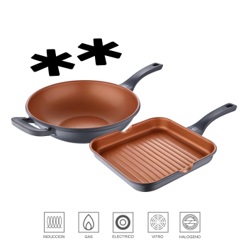 Pack Wok de Aluminio Fundido 32x9.5 cm BERGNER con Grill 28 cm y 2 Protectores de Sartén