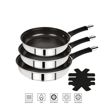 Set 3 Sartenes BERGNER Baster, Antiadherente, de Acero Inox, Apta Inducción, 20-24-28 cm + Set 3 Protectores