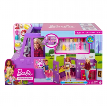 Barbie - Food truck de juguete, muñeca y vehículo restaurant con 25 accesorios