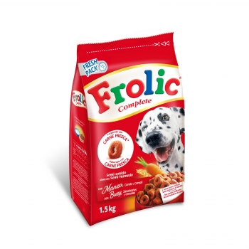 Pienso semihúmedo de buey, zanahorias y cereales para perros adultos Frolic 1,5 kg.