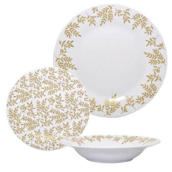 Vajilla de Porcelana Blanca 18 pzas CARREFOUR HOME - Hojas Doradas