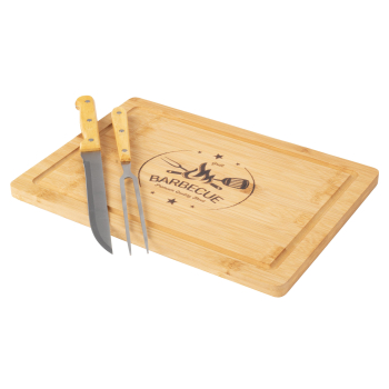 Set 3 Piezas para Barbacoa con Tabla de Bambú, Tenedor y Cuchillo
