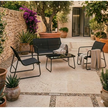 Conjunto de Jardín Set Café Mesa + 2 Sillones + Sofá, Antalya negro