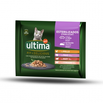 Comida húmeda selección de carnes para gatos esterilizados adultos Ultima 85x4 g.