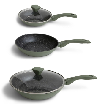 Set 3 Sartenes 3 CLAVELES Jade, Antiadherente, de Aluminio, Apto Inducción, 20-24-28 cm, con 2 Tapas