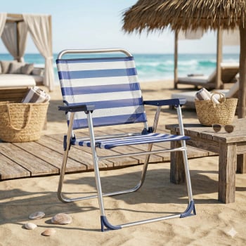 Silla de Playa Alta Fija en Aluminio Respaldo Bajo Marinera Rayas, Azul y Blanco
