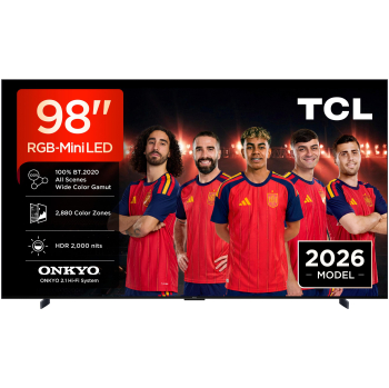 TV RGB Mini LED 98″ – TCL 98RM7L, 4K, TSR AiPQ, Smart TV,HDR de hasta 2000 nits, Dolby Vision y Atmos, Panel HVA Pro, Negro