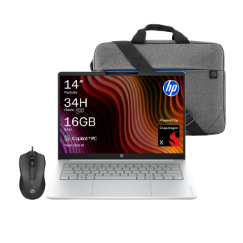 Ordenador Portátil HP OmniBook 3, Snapdragon X X1-26-100, 16GB, 512GB SSD, FHD, 14″ – 35,56 cm, W11 Home con Ratón y Maletín