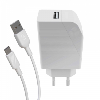 Pack Transformador USB 2.4A 12W + Cable Tipo USB C 3A 1,2m Muvit For Change Blanco