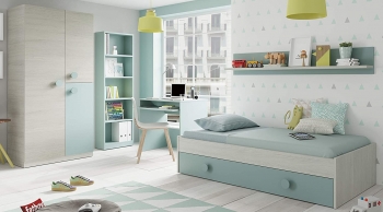 Pack Muebles Dormitorio Juvenil Completo Color Verde Y Blanco Con Somier 90x190 (cama, Estante, Armario, Estantería Y Escritorio)