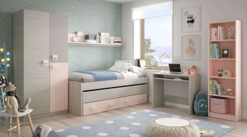 Pack Habitación Juvenil Infantil Rosa Gris Blanco Alpes Completo (cama Nido+estante+armario+escritorio+estantería) Con Somieres