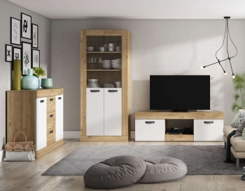 Pack Muebles Salón Comedor Argos Color Blanco Y Naturale Estilo Moderno (mesa Tv + Aparador + Vitrina)